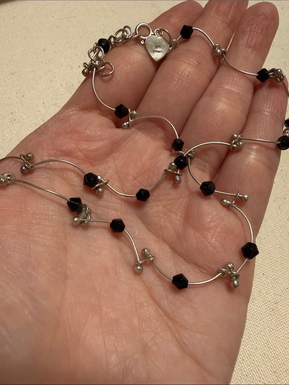 Sterling Silver 925 Black Bead Station Necklace 14.5-16’ inch adjustable